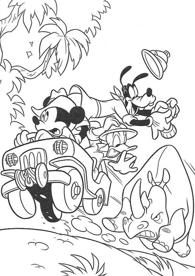 kolorowanka Myszka Miki, Kaczor Donald, Goofy w samochodzie ścigani przez nosorożca, malowanka do wydruku dla dzieci nr 53